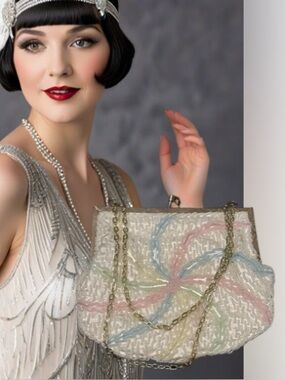 Beaded White Pastel Floral Evening Bag with Gold Chain